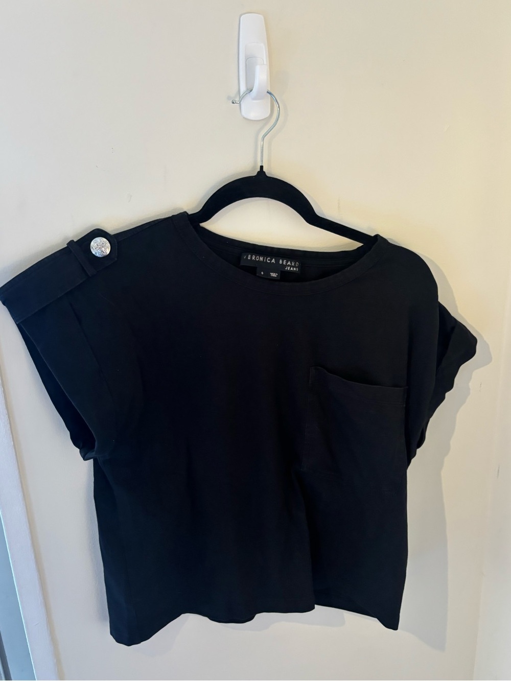 Veronica Beard Jeans Black Button-Trimmed Elektra Cap Sleeve Crop T-Shirt Size S